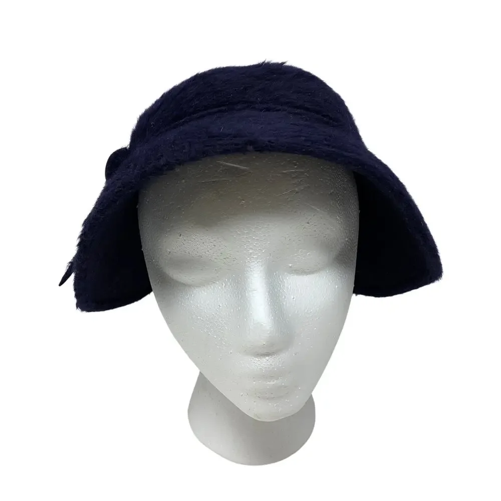 Vintage Bullock’s Sportswear Fuzzy Cloche Hat Navy Blue Felt Women’s